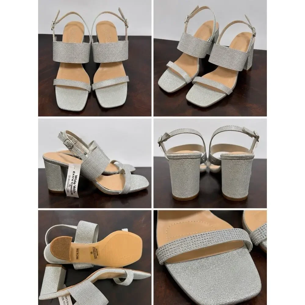 🆕De Blossom Verona-59W Women’s 6.5 Wide Silver Rhinestone Block Heel Sandals nwt